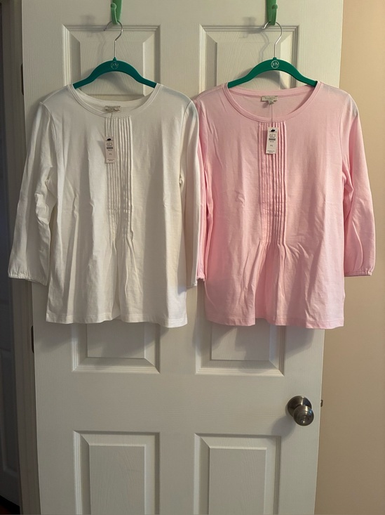 Talbots Tops - Two Talbots 3/4  Sleeve Pintuck Tee.
 One white and one pink.
Petite small.
NWT
